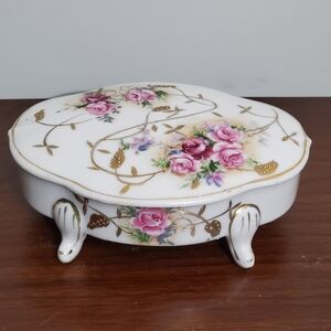 VintagArnart Trinket Box - Lidded And Footed Porcelain Pink Roses Trinket Dish -